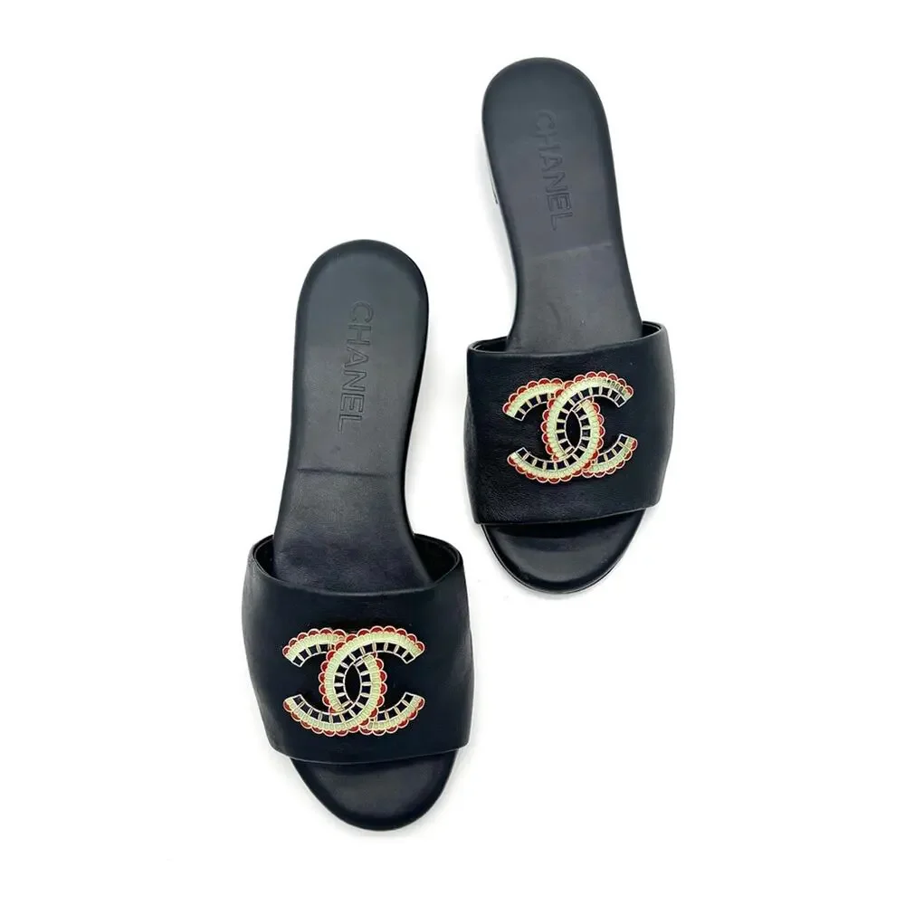 Chanel CC Logo Lambskin Black Leather Slip On Slides Mules 37.5